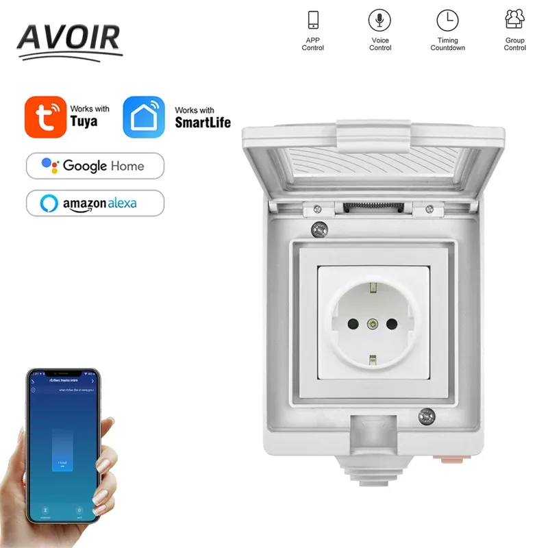 Prise connectée Wifi étanche IP55 avec minuterie, 16A, Standard UE (Tuya)