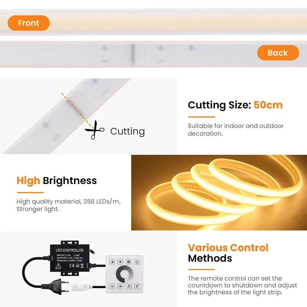 Ruban LED Néon COB Flexible 220V Dimmable 288 LED/m - Contrôle Bluetooth, Mural et Télécommande - Kit Complet 1500W - Image 3