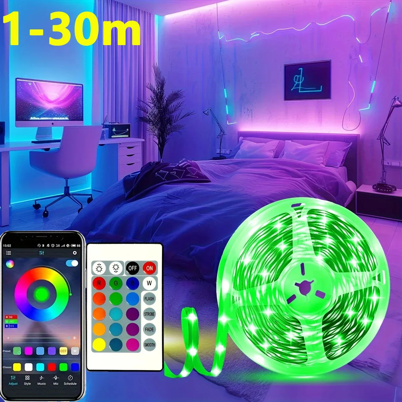 Ruban LED RGB Bluetooth 5050 - Rétroéclairage TV USB avec Contrôle App et Télécommande (1-30m)