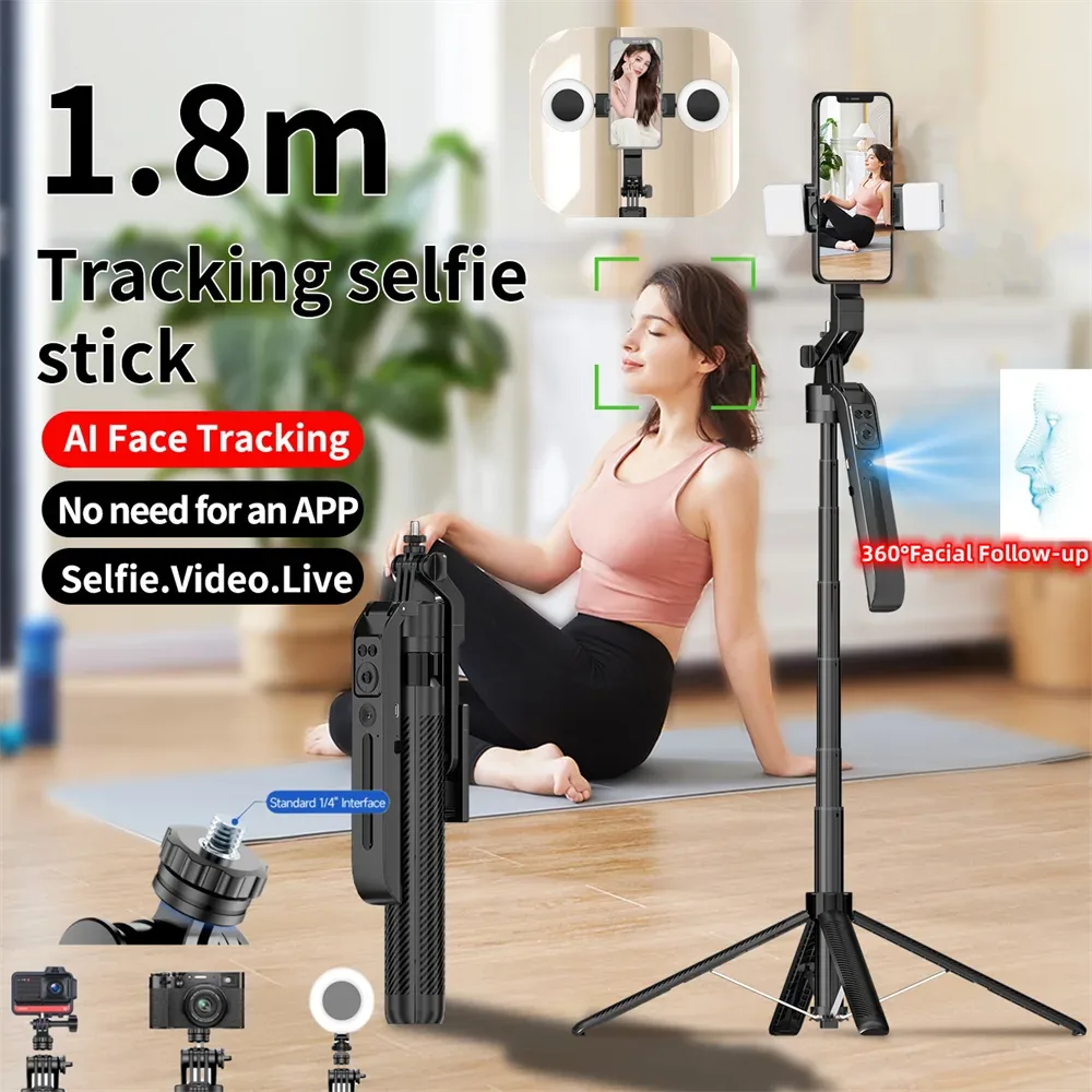 Trépied Selfie Quadripode C12 1,8 m avec Suivi Intelligent IA 360° et Télécommande