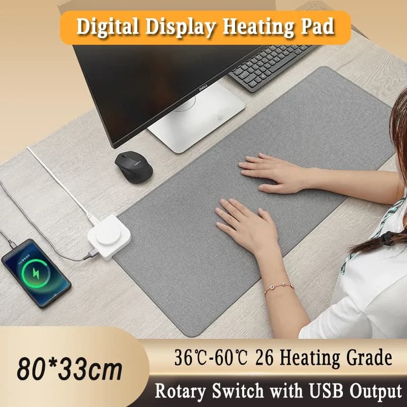 Tapis de bureau chauffant avec affichage numérique, 26 niveaux de température (36°C-60°C) et port USB - Image 1