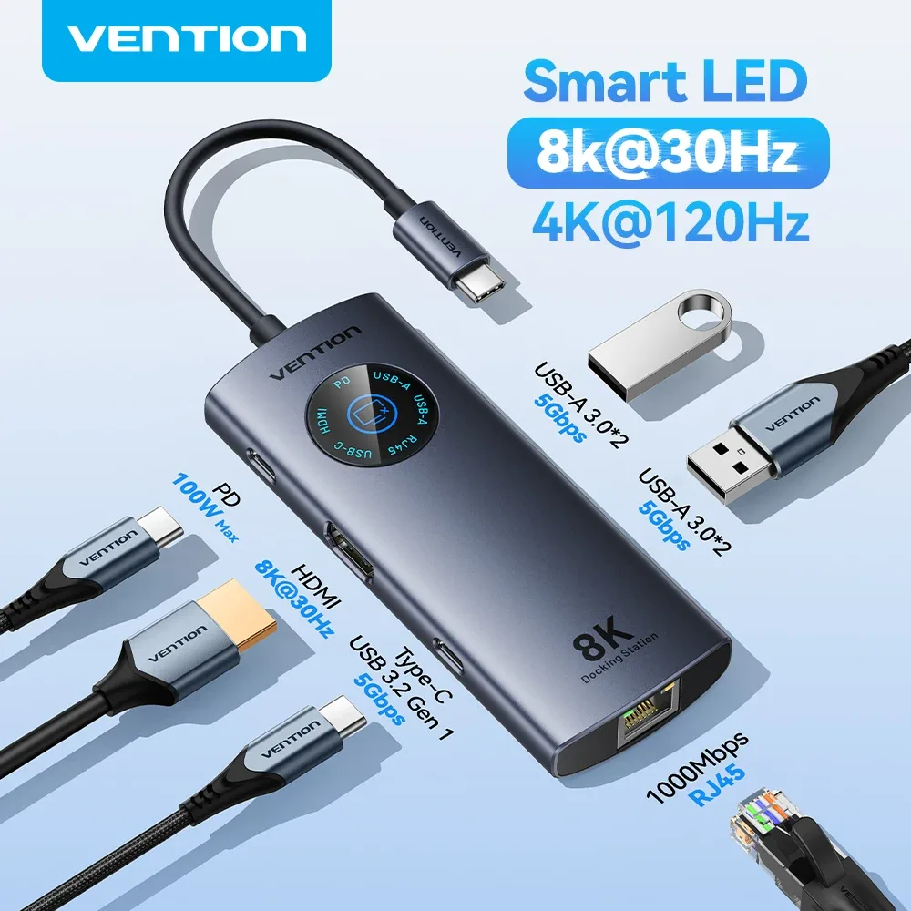 Hub USB-C Vention HDMI 8K, Ethernet 1000 Mbps et USB 3.2 avec Affichage LED