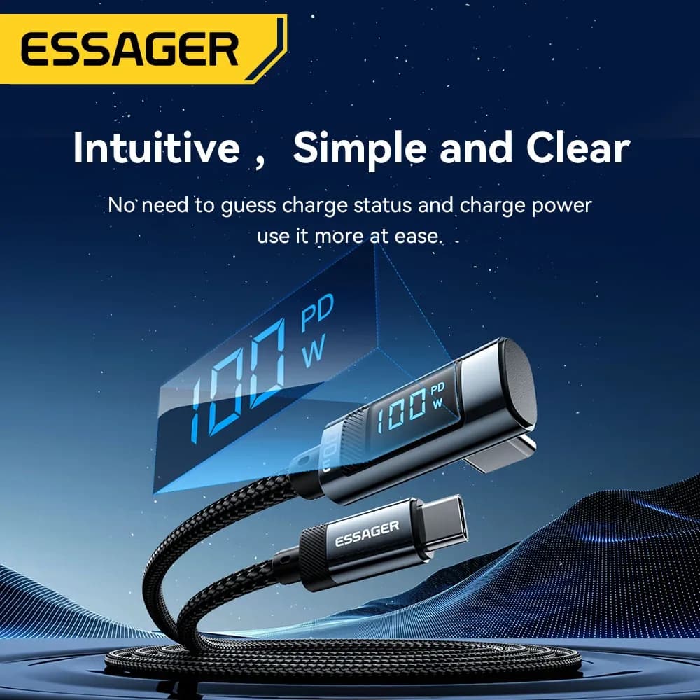 Câble USB-C vers USB-C Essager PD 100W 5A - Charge Rapide avec Affichage LED et Connecteur à 90° - Image 3