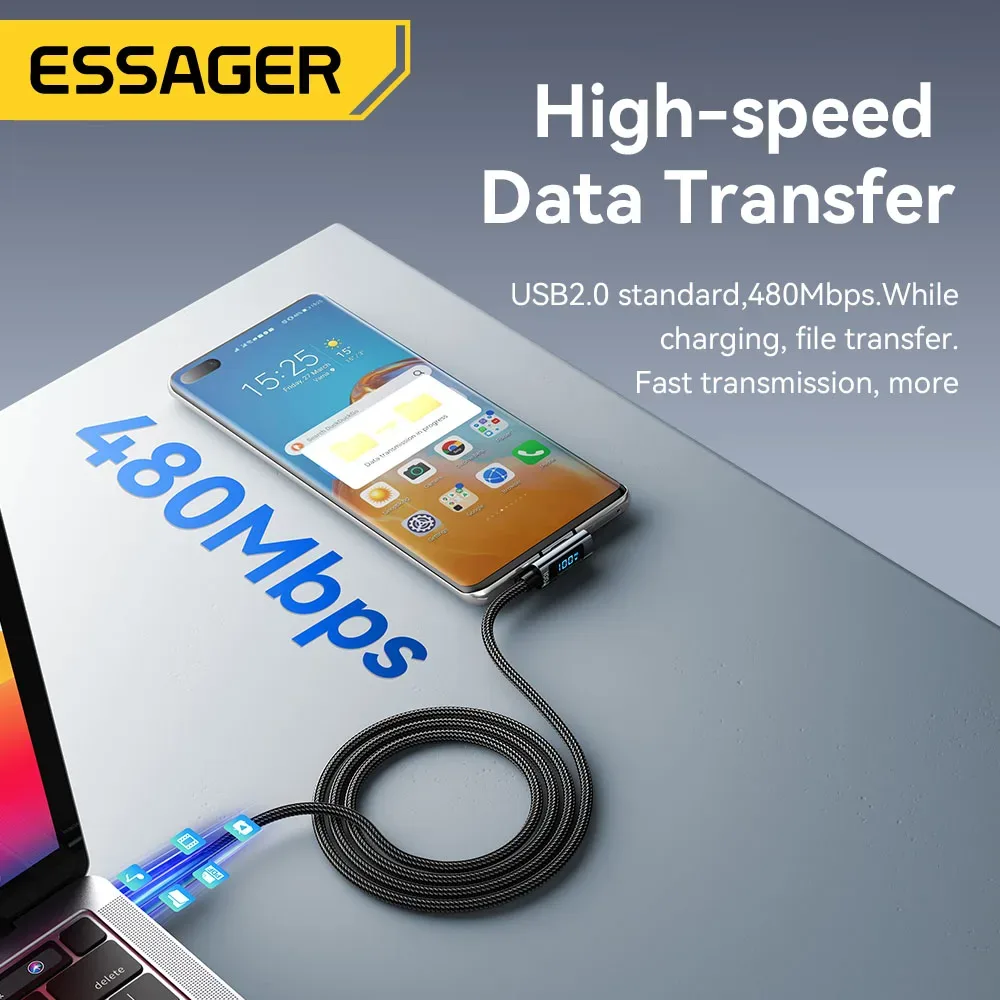 Câble USB-C vers USB-C Essager PD 100W 5A - Charge Rapide avec Affichage LED et Connecteur à 90° - Image 6