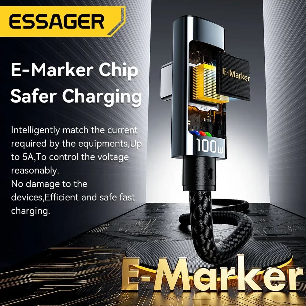Câble USB-C vers USB-C Essager PD 100W 5A - Charge Rapide avec Affichage LED et Connecteur à 90° - Image 5