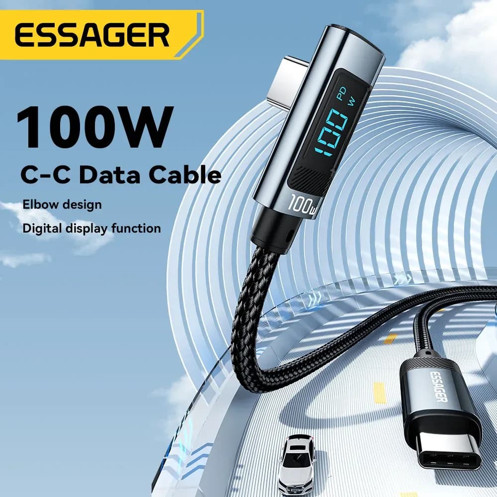 Câble USB-C vers USB-C Essager PD 100W 5A - Charge Rapide avec Affichage LED et Connecteur à 90° - Image 2