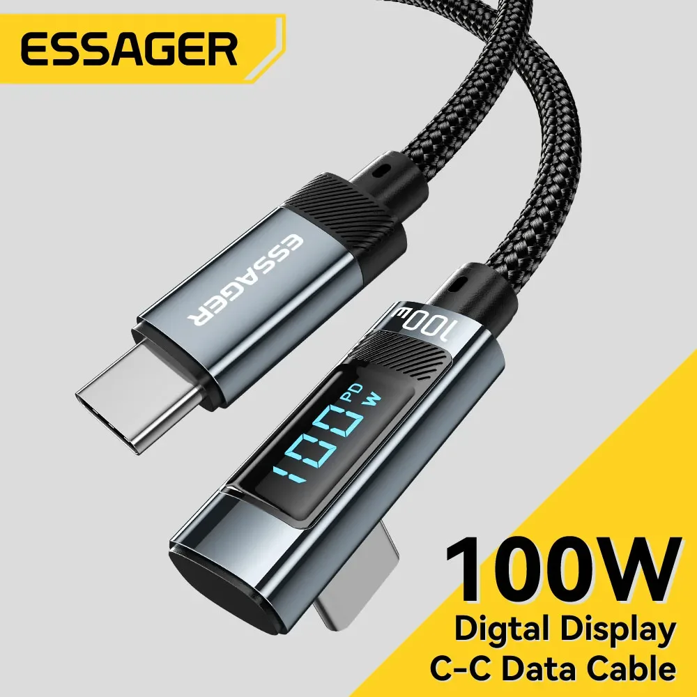 Câble USB-C vers USB-C Essager PD 100W 5A - Charge Rapide avec Affichage LED et Connecteur à 90° - Image 1