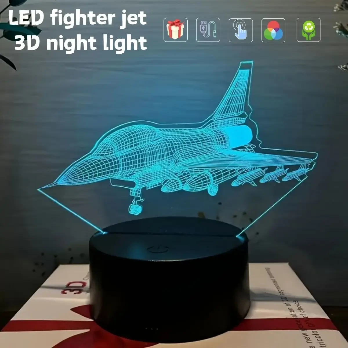 Veilleuse 3D Avion de Chasse - Lampe d'Illusion Optique 7 Couleurs - Image 1