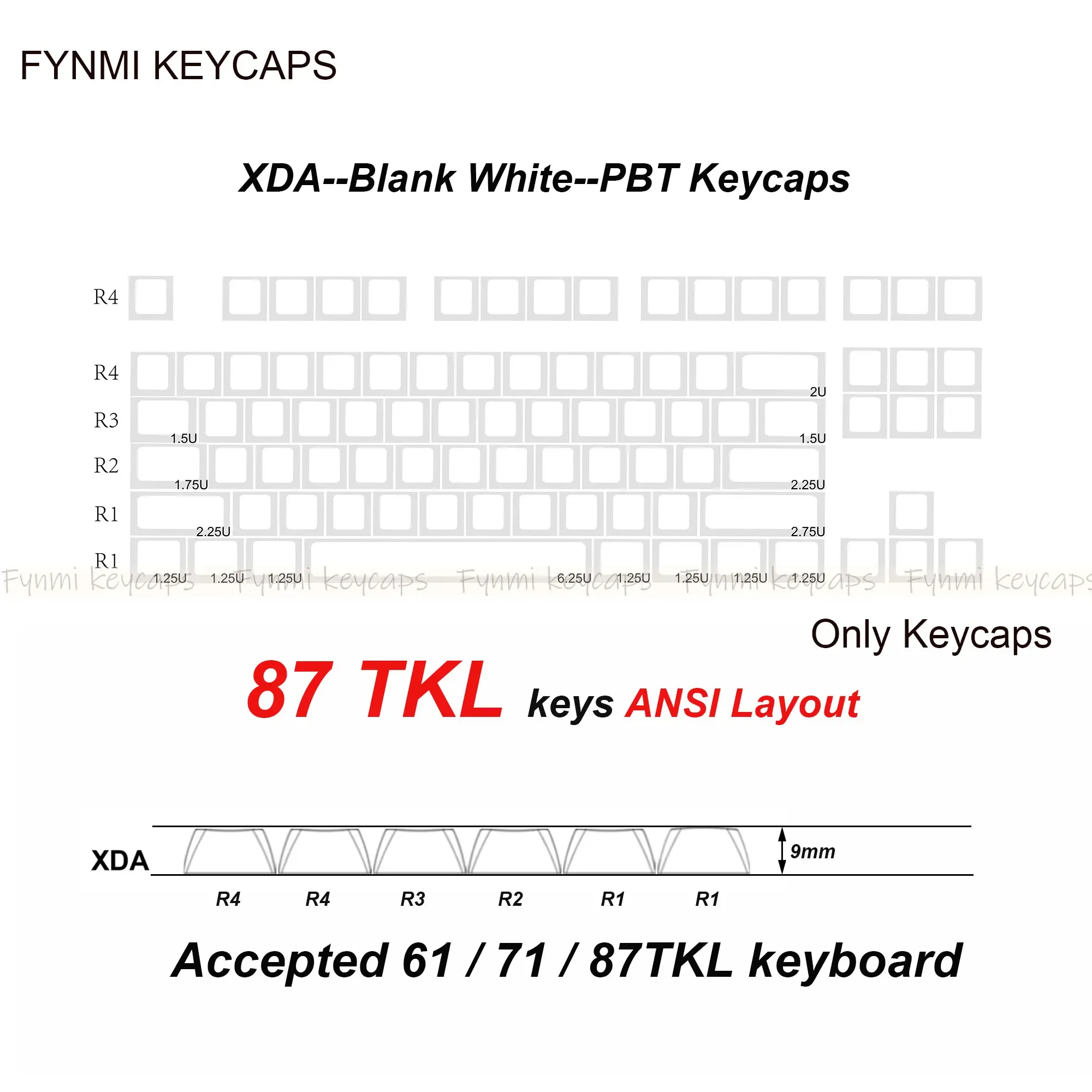 Fynmi - Set de touches PBT XDA blanches vierges (ANSI/ISO) - 61 à 125 touches slide 12