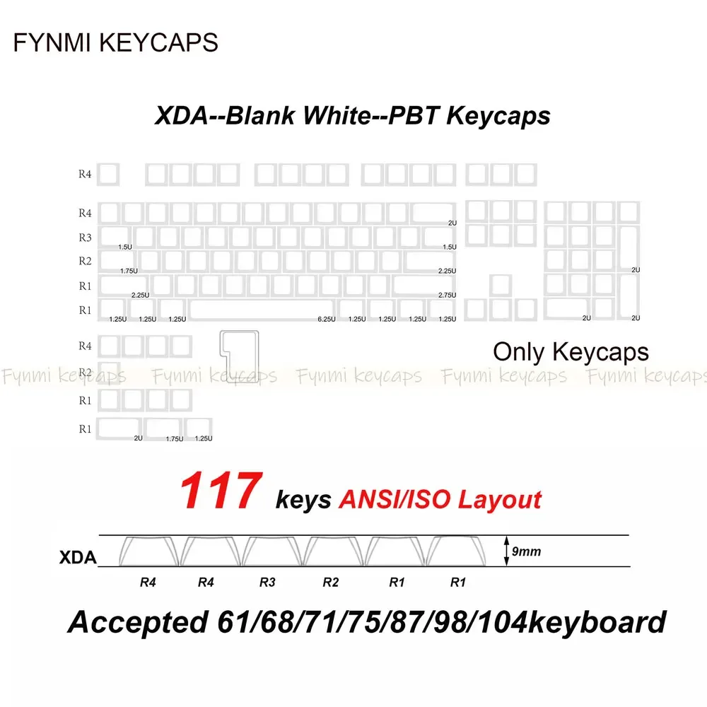 Fynmi - Set de touches PBT XDA blanches vierges (ANSI/ISO) - 61 à 125 touches slide 14