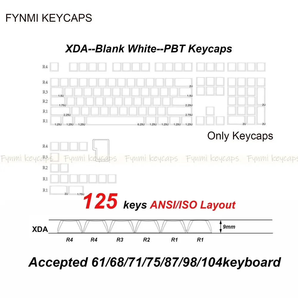 Fynmi - Set de touches PBT XDA blanches vierges (ANSI/ISO) - 61 à 125 touches slide 13