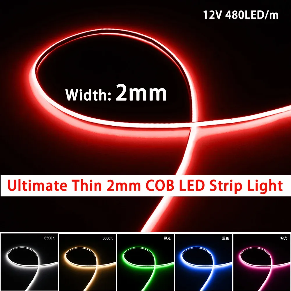 Ruban LED COB ultra-mince 2 mm 12V DC haute densité - Couleurs variées pour voiture et DIY - Image 1