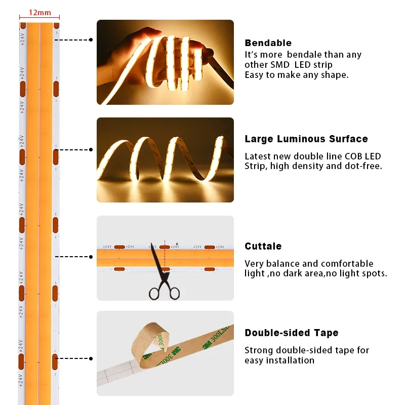 Ruban LED COB Double Rangée Haute Luminosité 10 000 lm - 600 LED/m - IRC 90 - Variable - 24V (3000K/4000K/6500K) - Image 4