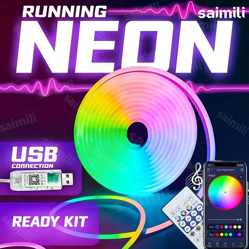 Ruban LED Néon Flexible RGBIC 5V USB - Contrôle Bluetooth et Synchronisation Musicale