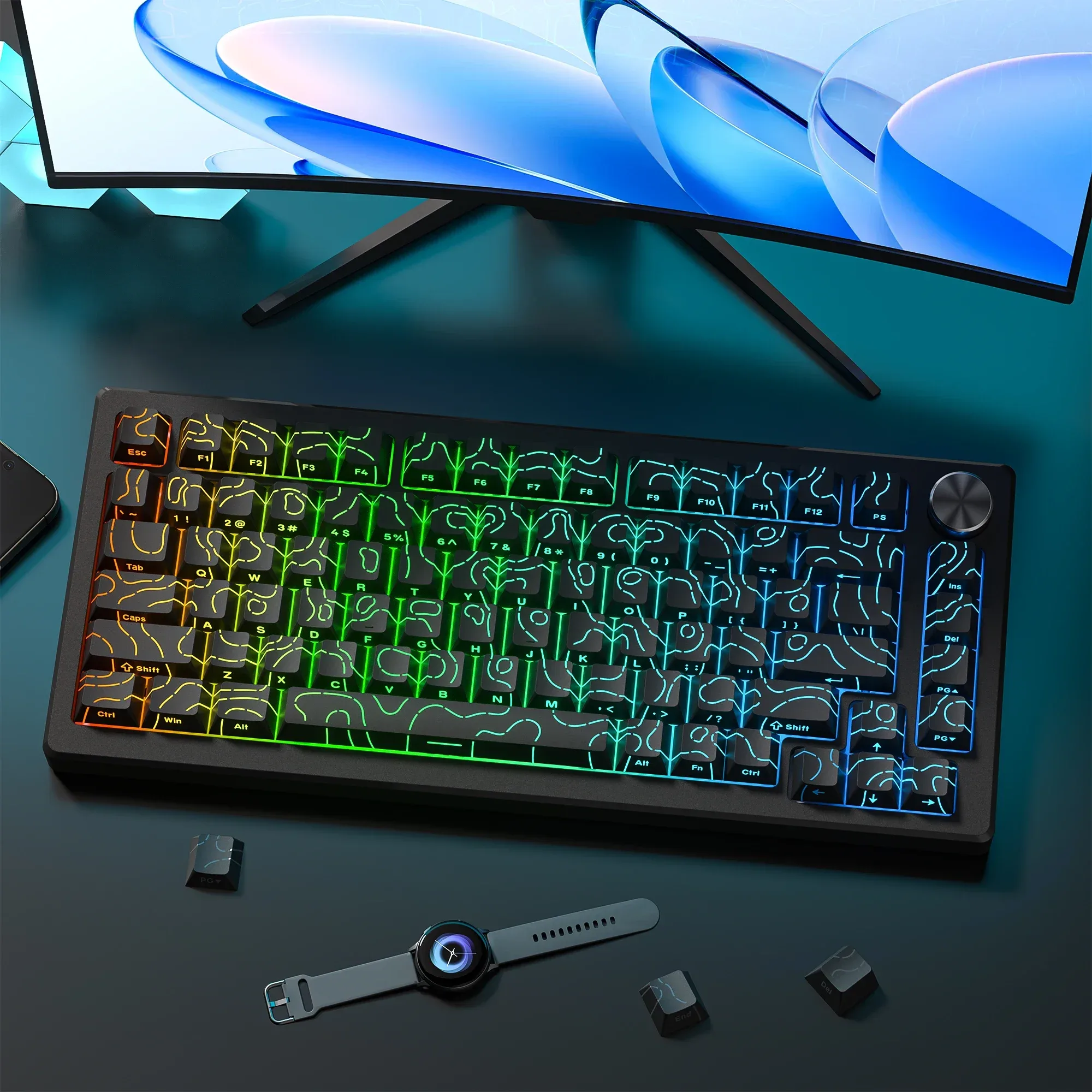 Set de touches PBT Noir Topographique 4.0 - Profil Cherry - Double injection latérale RGB - Compatible switches Cherry MX - Image 4
