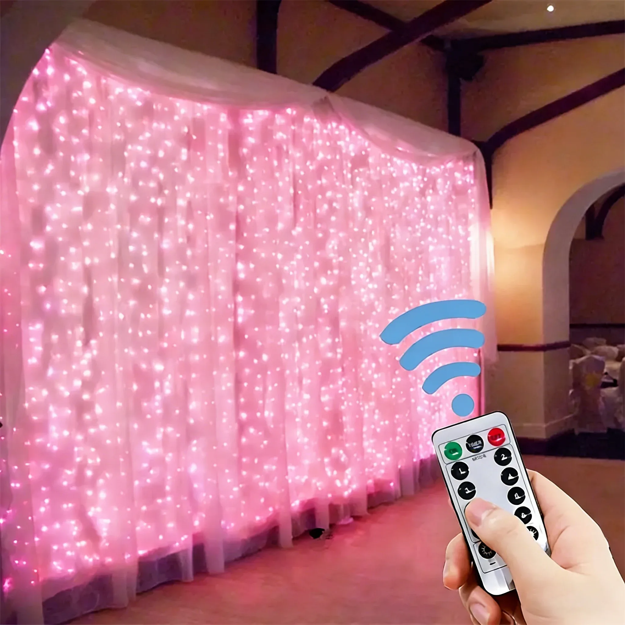 Rideau lumineux LED rose avec télécommande et alimentation USB - Image 1