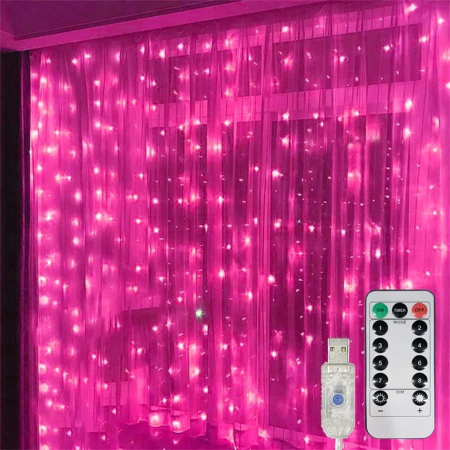 Rideau lumineux LED rose avec télécommande et alimentation USB - Image 4
