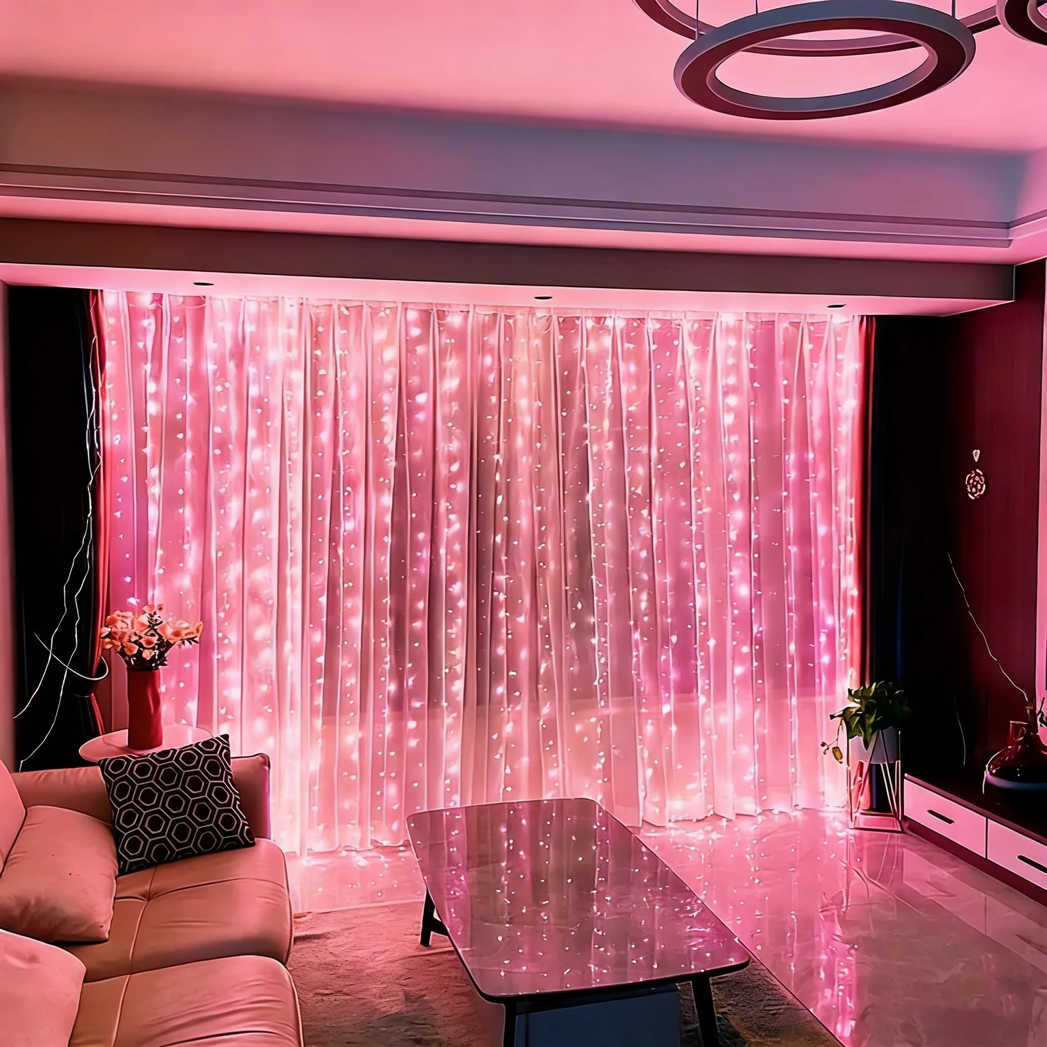 Rideau lumineux LED rose avec télécommande et alimentation USB - Image 2
