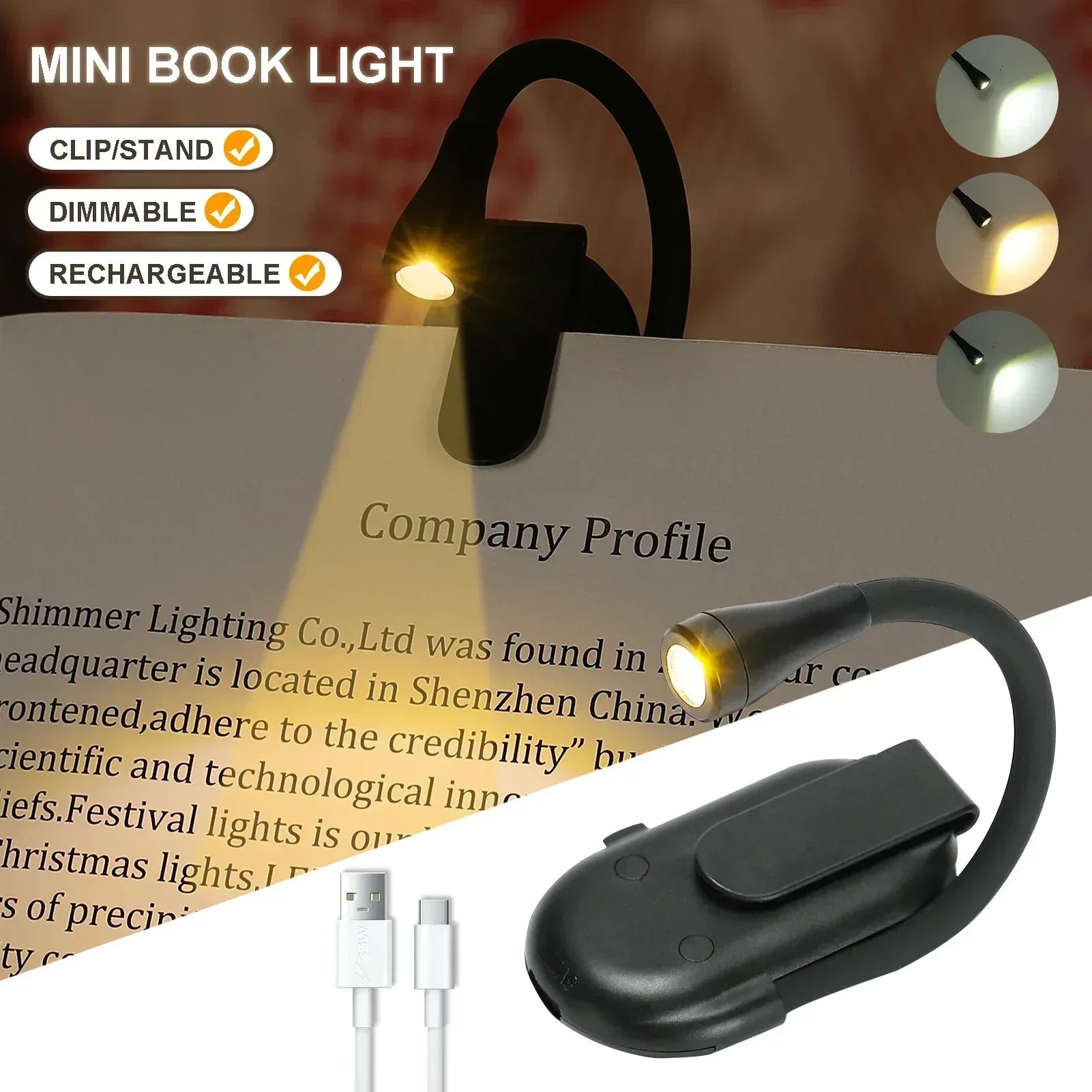 Mini lampe de lecture LED rechargeable à clip - 3 modes de couleur slide 8