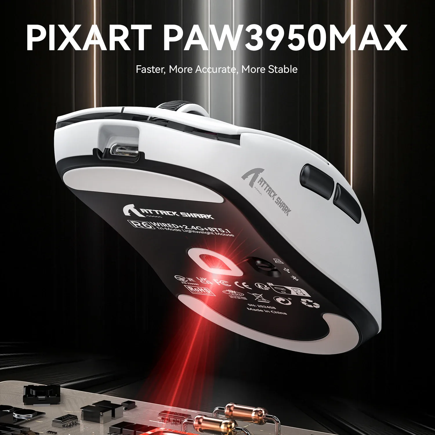 ATTACK SHARK R6 - Souris gamer sans fil ultralégère 39g, 8K Hz, Capteur PAW3950MAX, 42 000 DPI, Connexion Tri-mode (2,4 GHz/BT/Filaire) slide 3