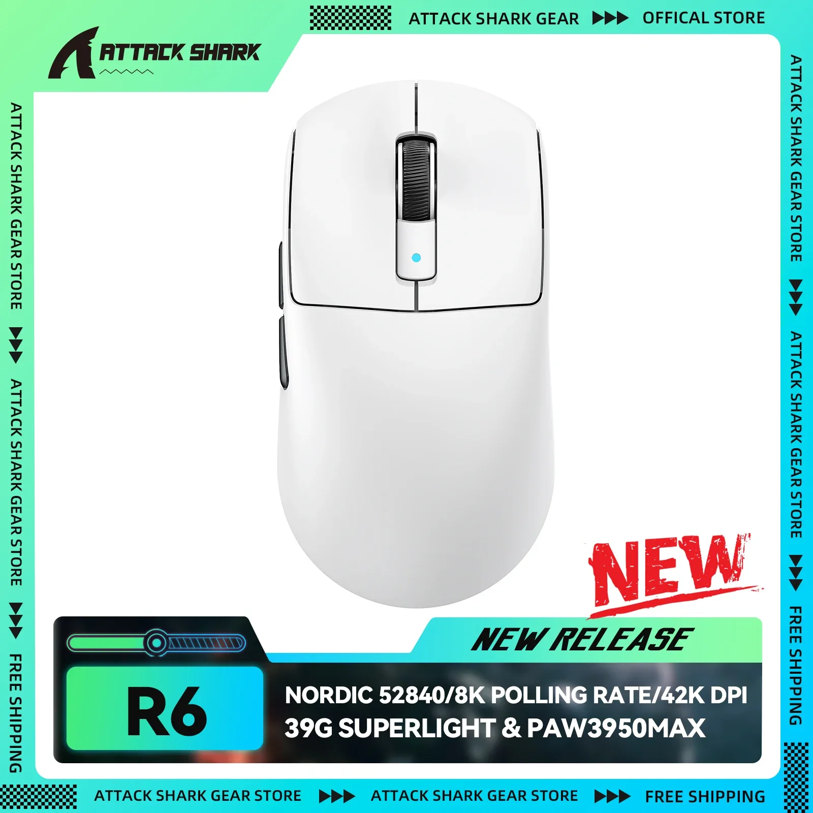 ATTACK SHARK R6 - Souris gamer sans fil ultralégère 39g, 8K Hz, Capteur PAW3950MAX, 42 000 DPI, Connexion Tri-mode (2,4 GHz/BT/Filaire)
