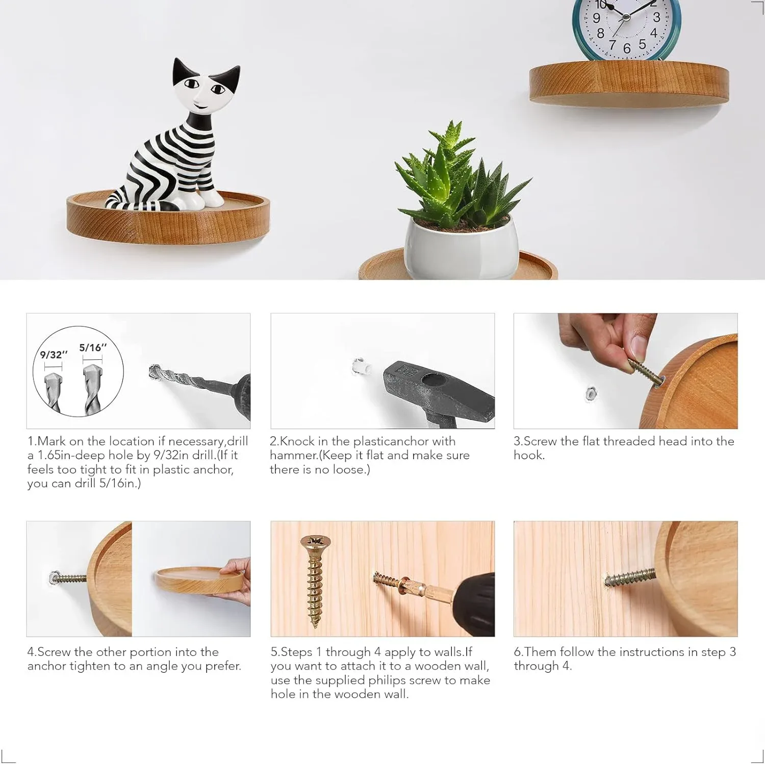 Étagères murales rondes en chêne pour plantes - Lot de 3 ou 6 pièces - Image 5