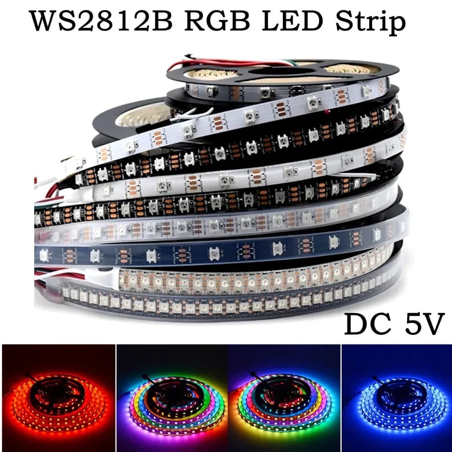 Ruban LED Intelligent WS2812B 5050 RGBIC 5V, Adressable Individuellement, 30/60/144 LED/m, IP30/IP67, PCB Noir/Blanc - Image 1