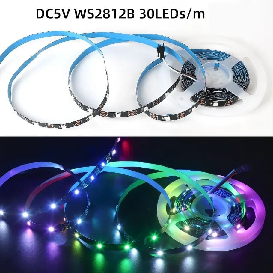 Ruban LED Intelligent WS2812B 5050 RGBIC 5V, Adressable Individuellement, 30/60/144 LED/m, IP30/IP67, PCB Noir/Blanc - Image 3