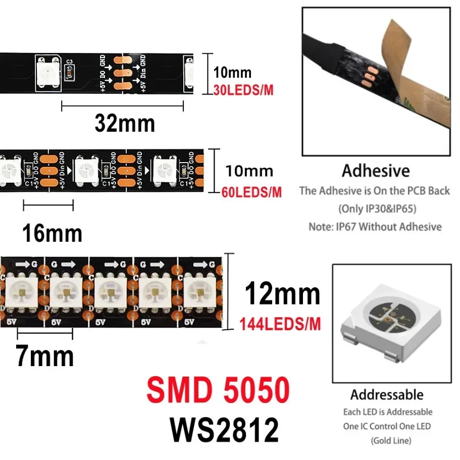 Ruban LED Intelligent WS2812B 5050 RGBIC 5V, Adressable Individuellement, 30/60/144 LED/m, IP30/IP67, PCB Noir/Blanc - Image 2