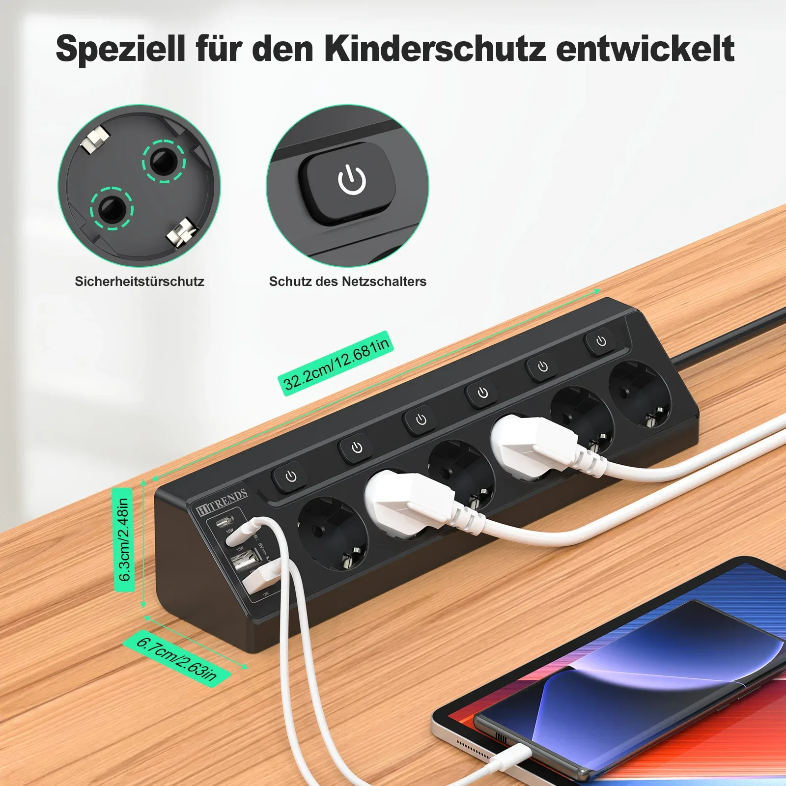 Multiprise d'angle 6 prises avec 2 ports USB et 2 ports USB-C - Câble 2m - Image 3