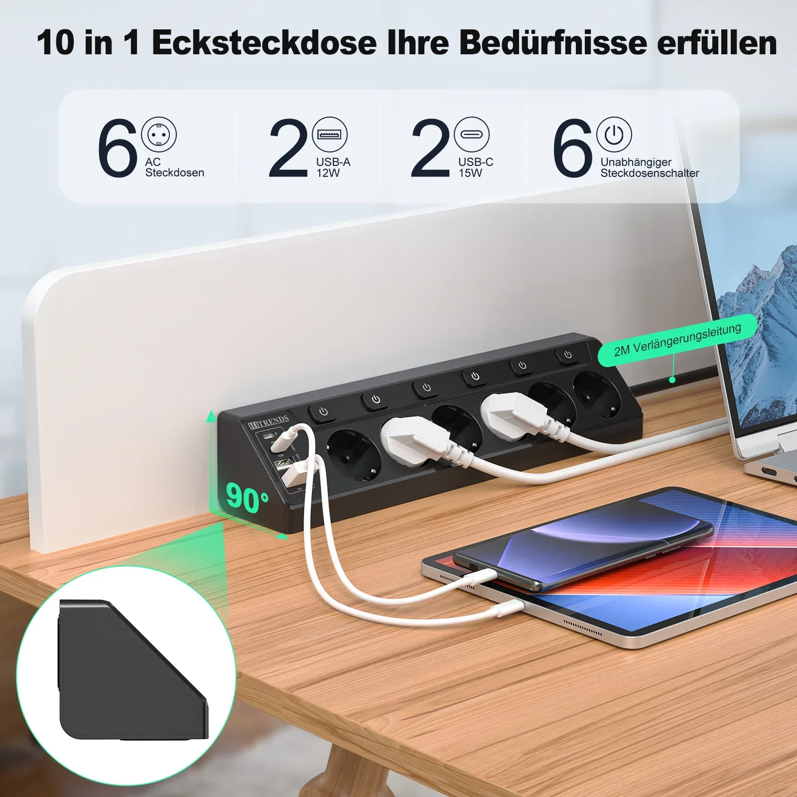 Multiprise d'angle 6 prises avec 2 ports USB et 2 ports USB-C - Câble 2m - Image 2