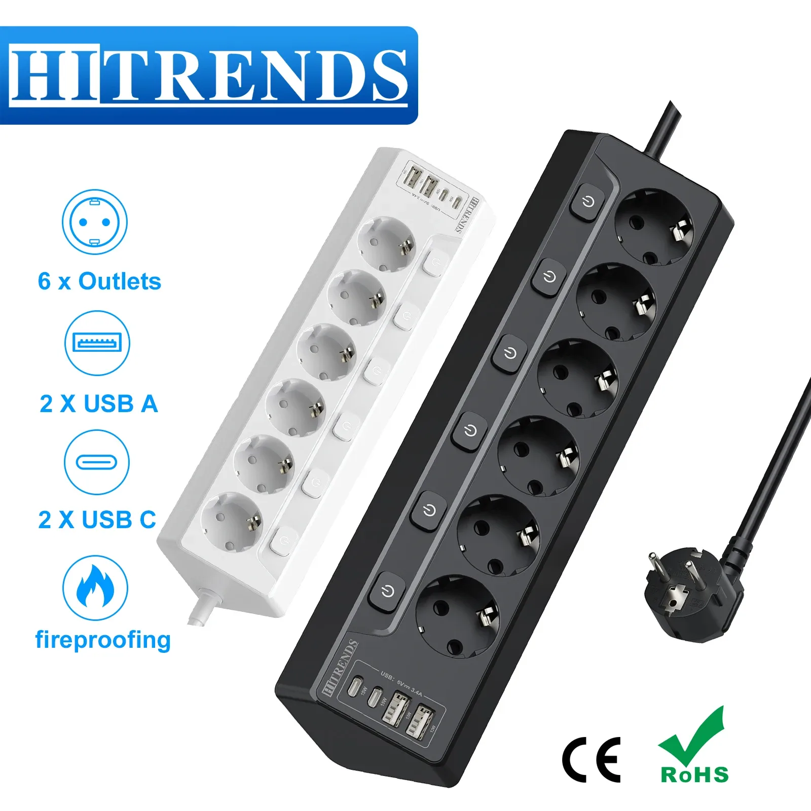Multiprise d'angle 6 prises avec 2 ports USB et 2 ports USB-C - Câble 2m - Image 1