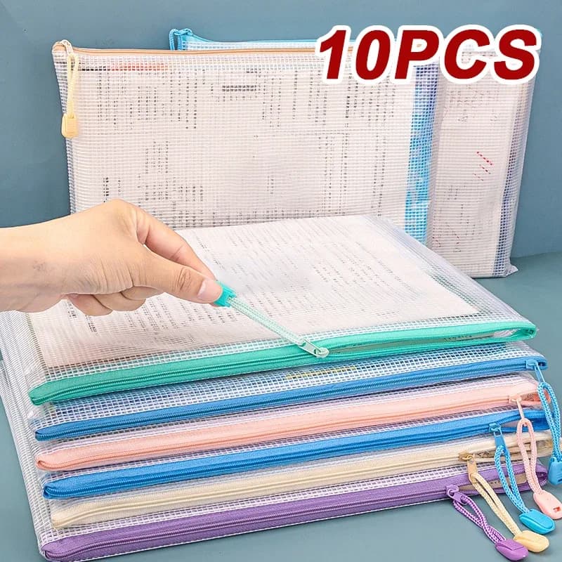 Lot de 10 pochettes à documents zippées en maille imperméable - Formats A4 et A5