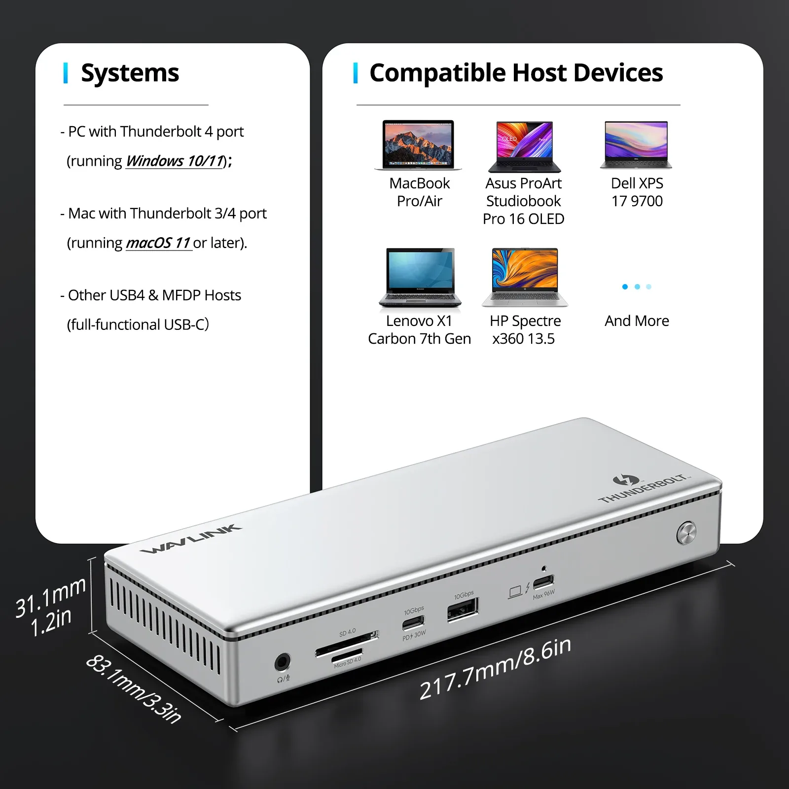 Station d'accueil WAVLINK Thunderbolt 4 13-en-1 - Support 8K/Triple 4K, Charge 96W, 40Gbps, Ethernet 2,5G - Image 6
