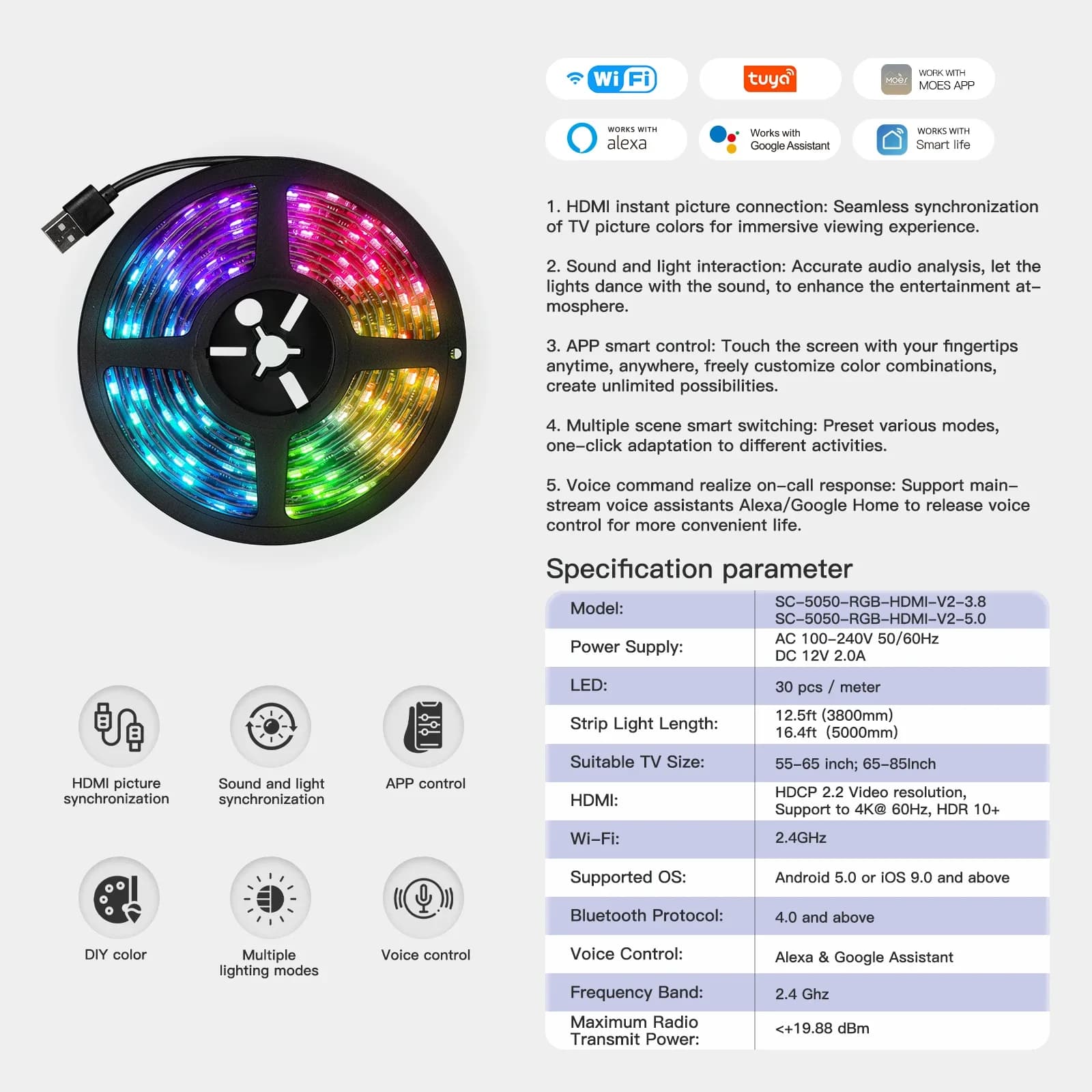 MOES Kit de Rétroéclairage TV Intelligent avec Boîtier de Synchronisation HDMI 2.0 et Ruban LED slide 6