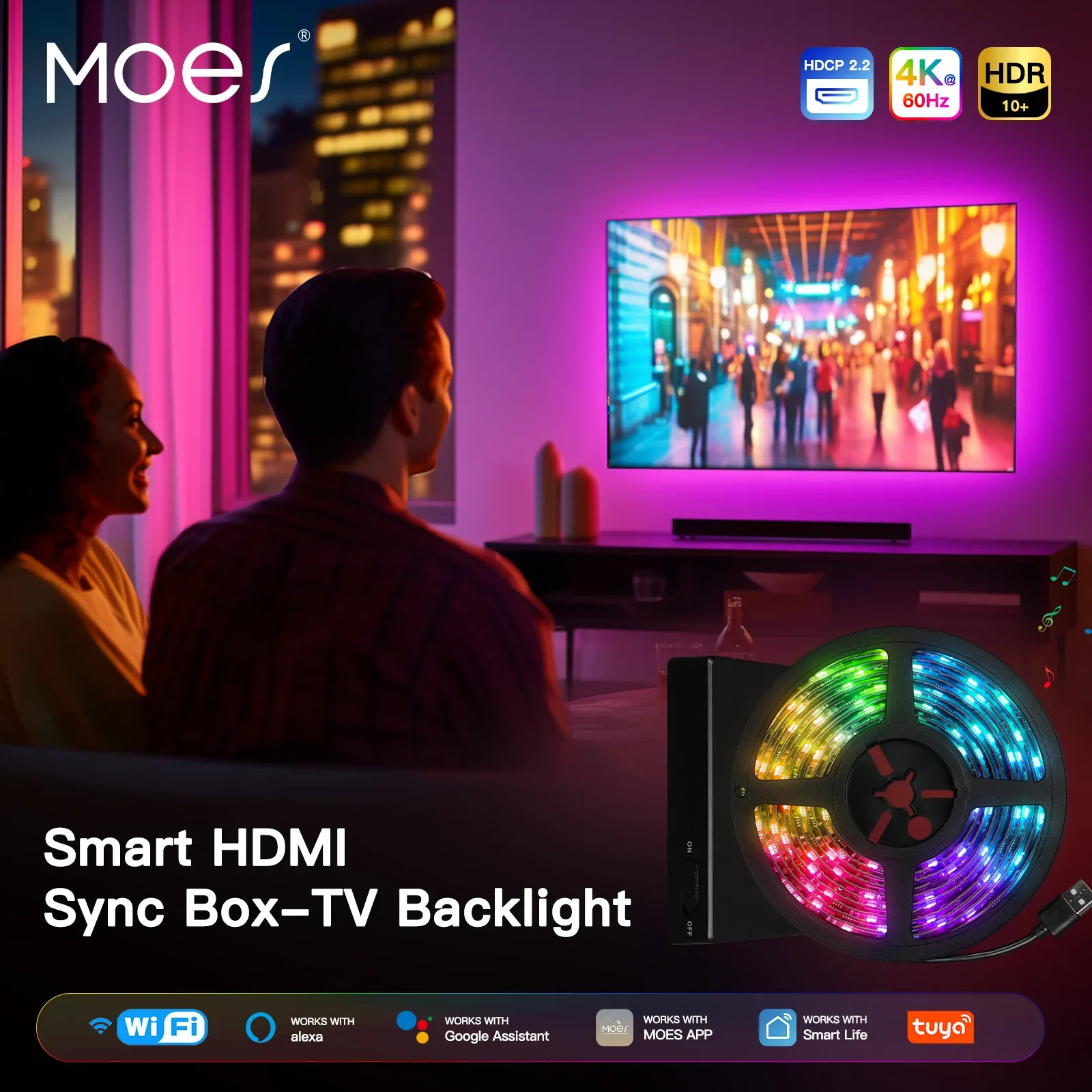 MOES Kit de Rétroéclairage TV Intelligent avec Boîtier de Synchronisation HDMI 2.0 et Ruban LED