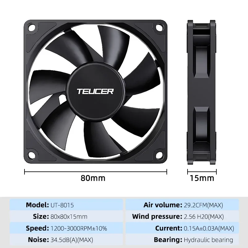 Ventilateur de boîtier PC Teucer 8/9 cm - PWM 4 broches, Slim 15 mm, Roulement hydraulique slide 8