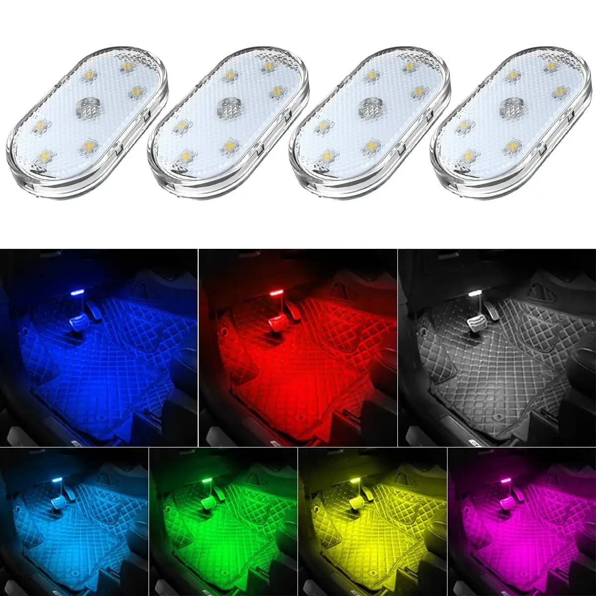 Lot de 4 lampes LED d'intérieur sans fil pour voiture, rechargeables USB - 7 couleurs - Image 1