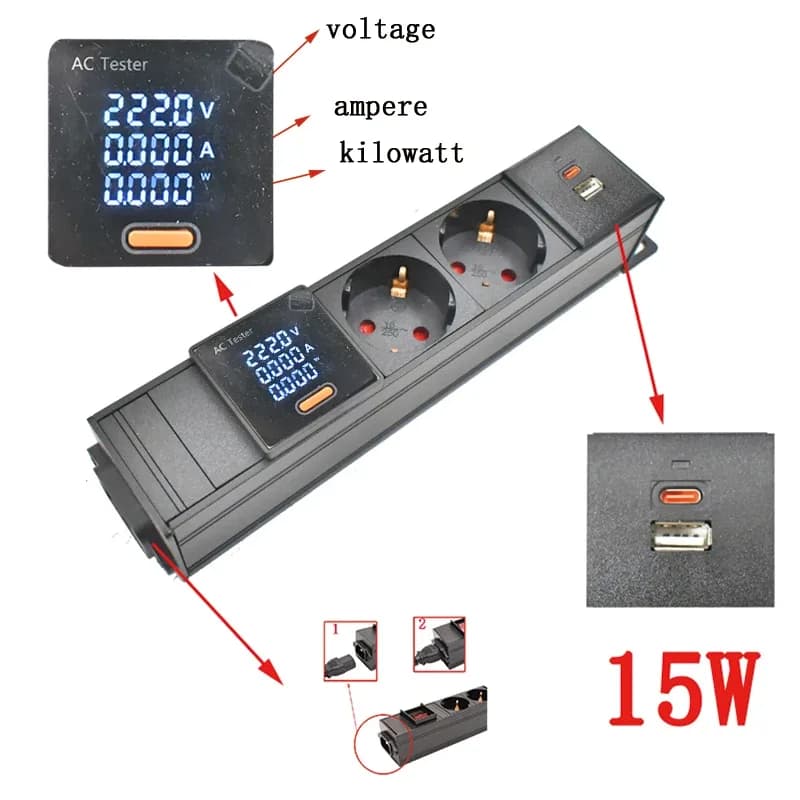Multiprise PDU C14 pour rack réseau avec prises EU, voltmètre et port USB-C 15W - Image 3