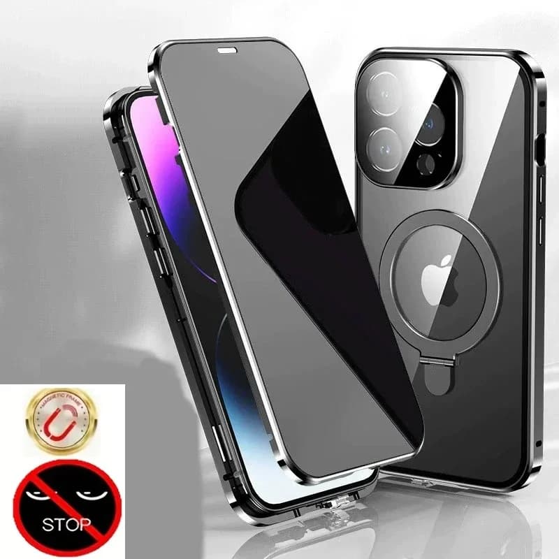 Coque magnétique anti-espion en métal et verre trempé pour iPhone, avec protection d'objectif et support intégré - Image 1
