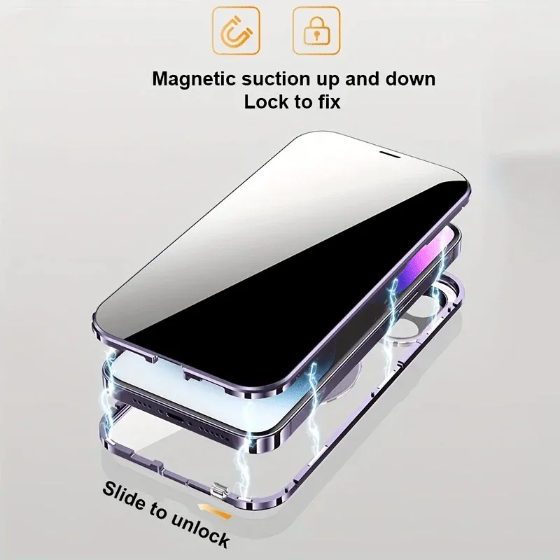Coque magnétique anti-espion en métal et verre trempé pour iPhone, avec protection d'objectif et support intégré - Image 5