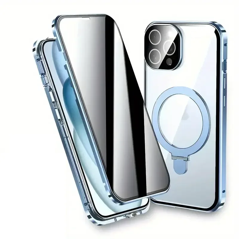 Coque magnétique anti-espion en métal et verre trempé pour iPhone, avec protection d'objectif et support intégré slide 7