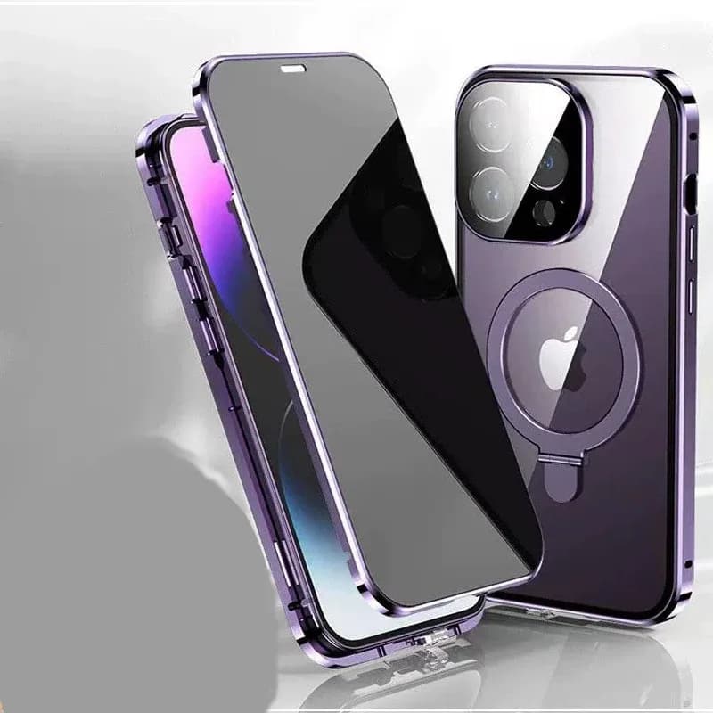 Coque magnétique anti-espion en métal et verre trempé pour iPhone, avec protection d'objectif et support intégré slide 10