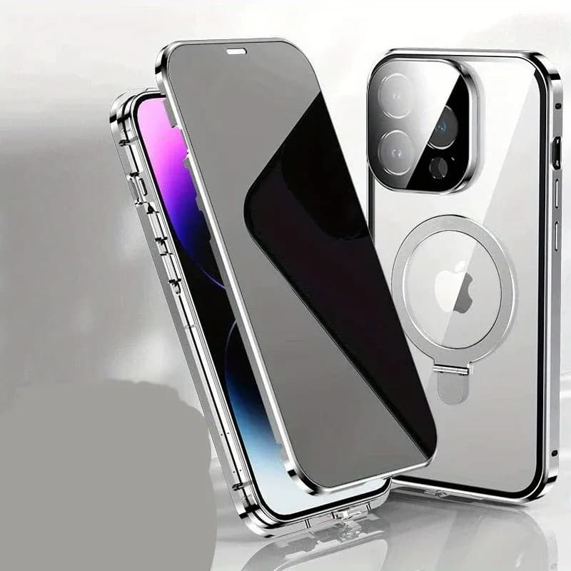 Coque magnétique anti-espion en métal et verre trempé pour iPhone, avec protection d'objectif et support intégré slide 9