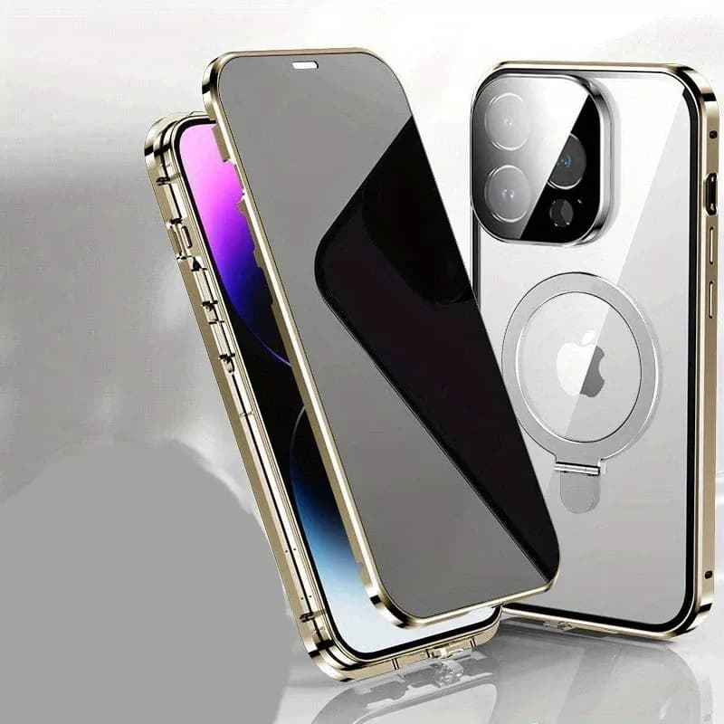Coque magnétique anti-espion en métal et verre trempé pour iPhone, avec protection d'objectif et support intégré slide 11