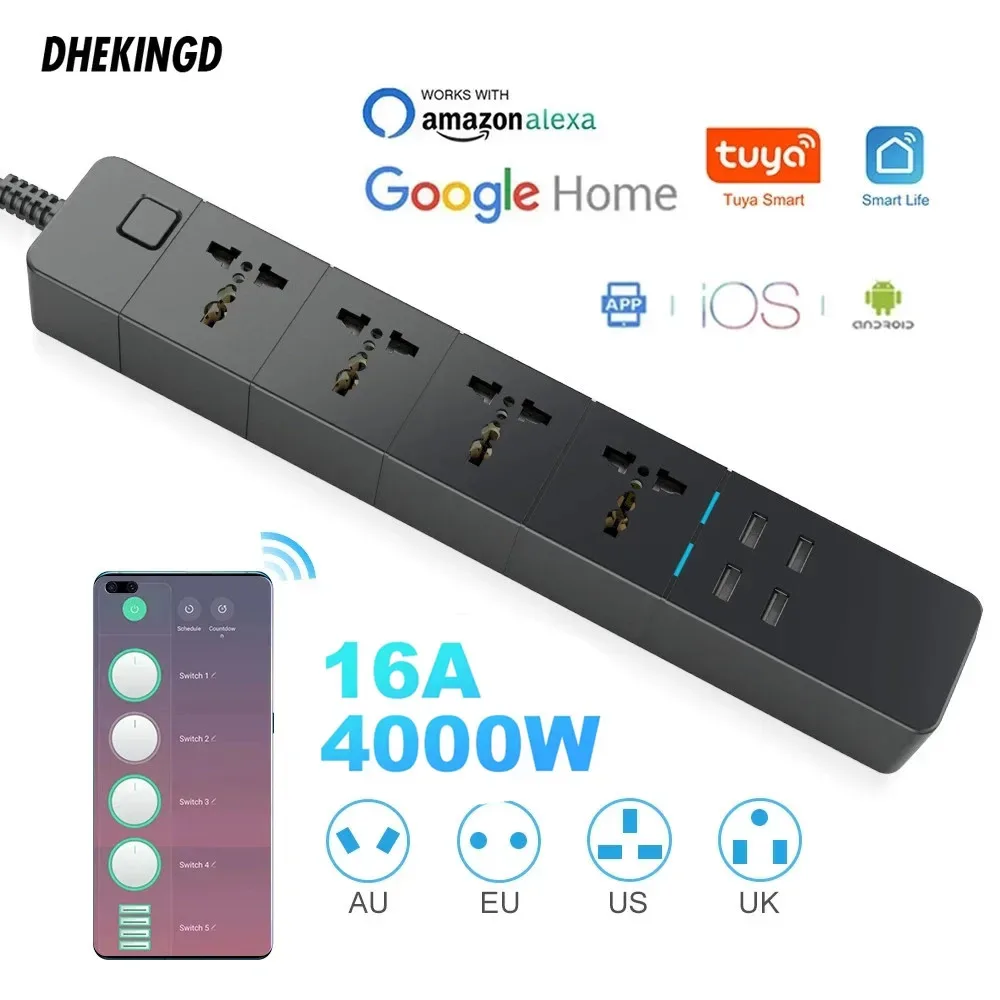Multiprise intelligente Wi-Fi universelle avec 4 prises et 4 ports USB (16A)