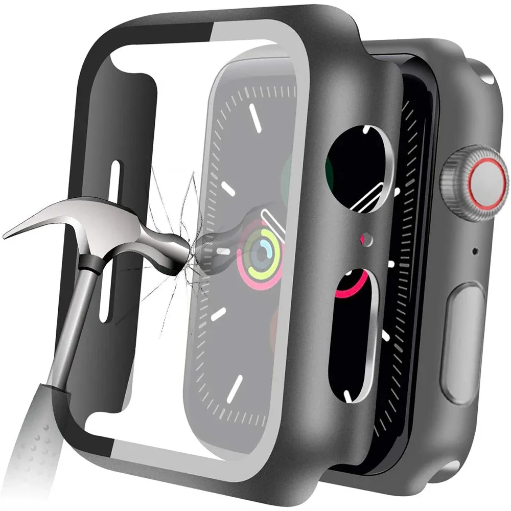 Coque de protection avec verre trempé pour Apple Watch Series 8, 7, 6, 5, 4, 3, SE (38/40/42/44 mm)