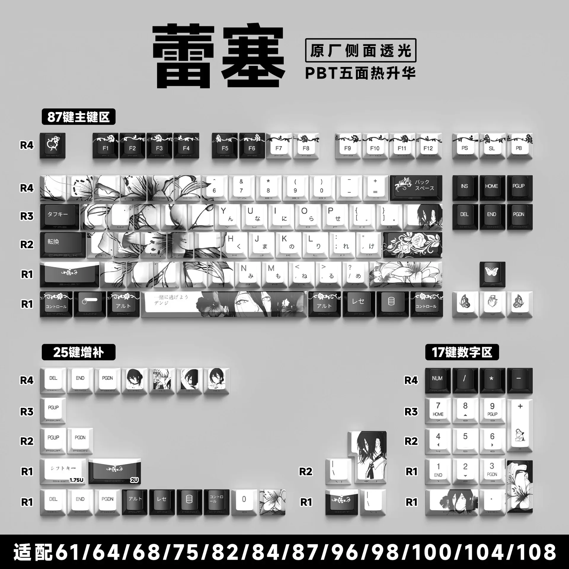 Jeu de touches PBT pour clavier mécanique - 129/135 touches - Thème Anime - Gravure latérale translucide - Image 4