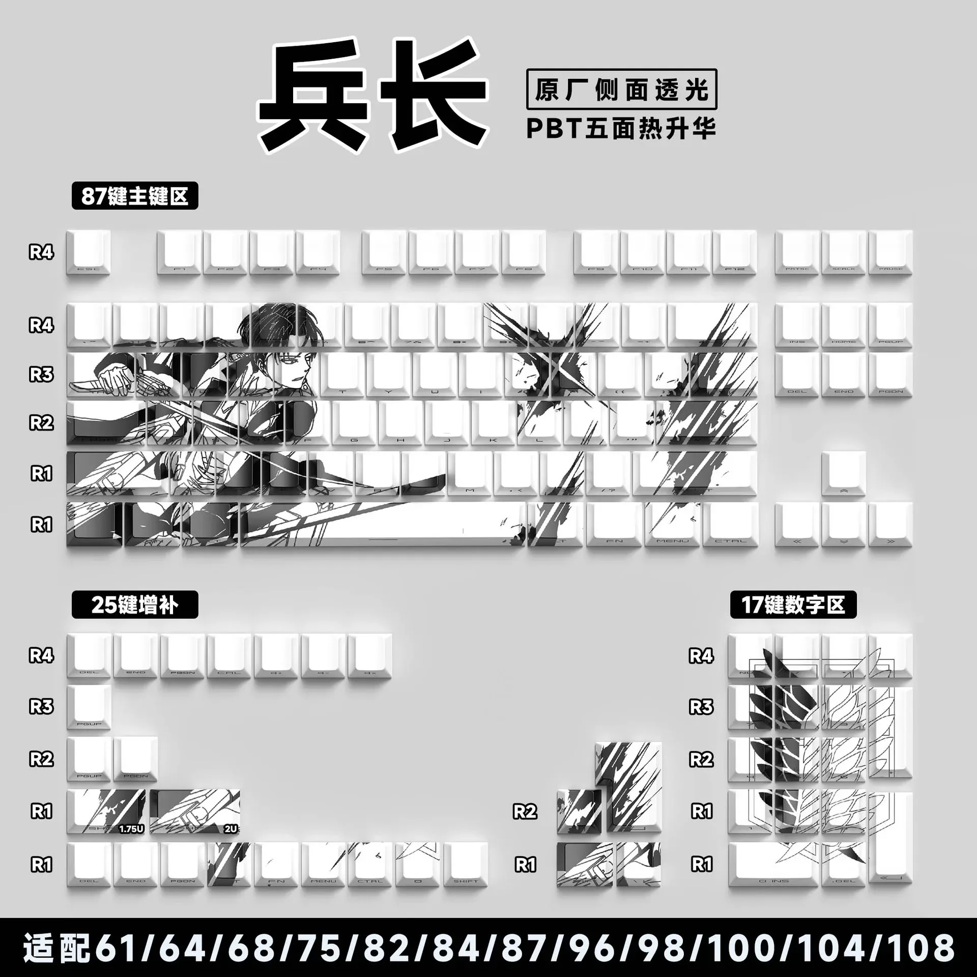 Jeu de touches PBT pour clavier mécanique - 129/135 touches - Thème Anime - Gravure latérale translucide slide 17
