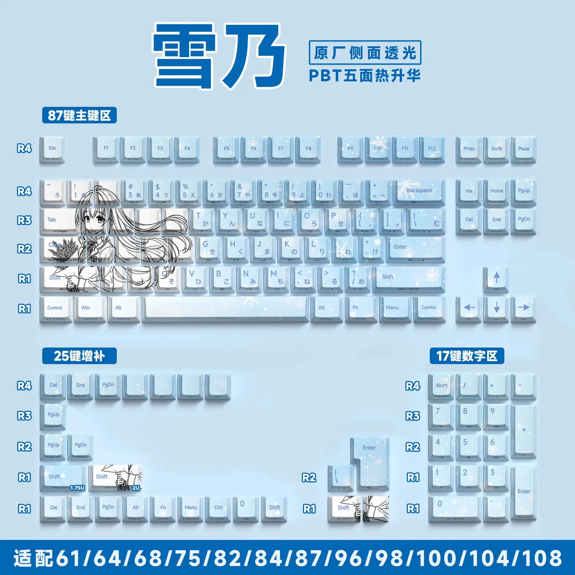 Jeu de touches PBT pour clavier mécanique - 129/135 touches - Thème Anime - Gravure latérale translucide slide 14